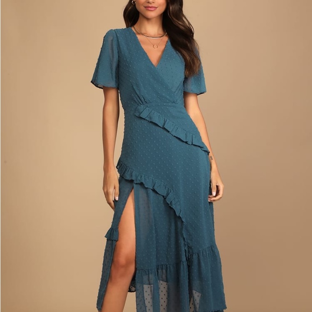 Lulu’s Next to You Slate Blue Swiss Dot Ruffled Midi Dress